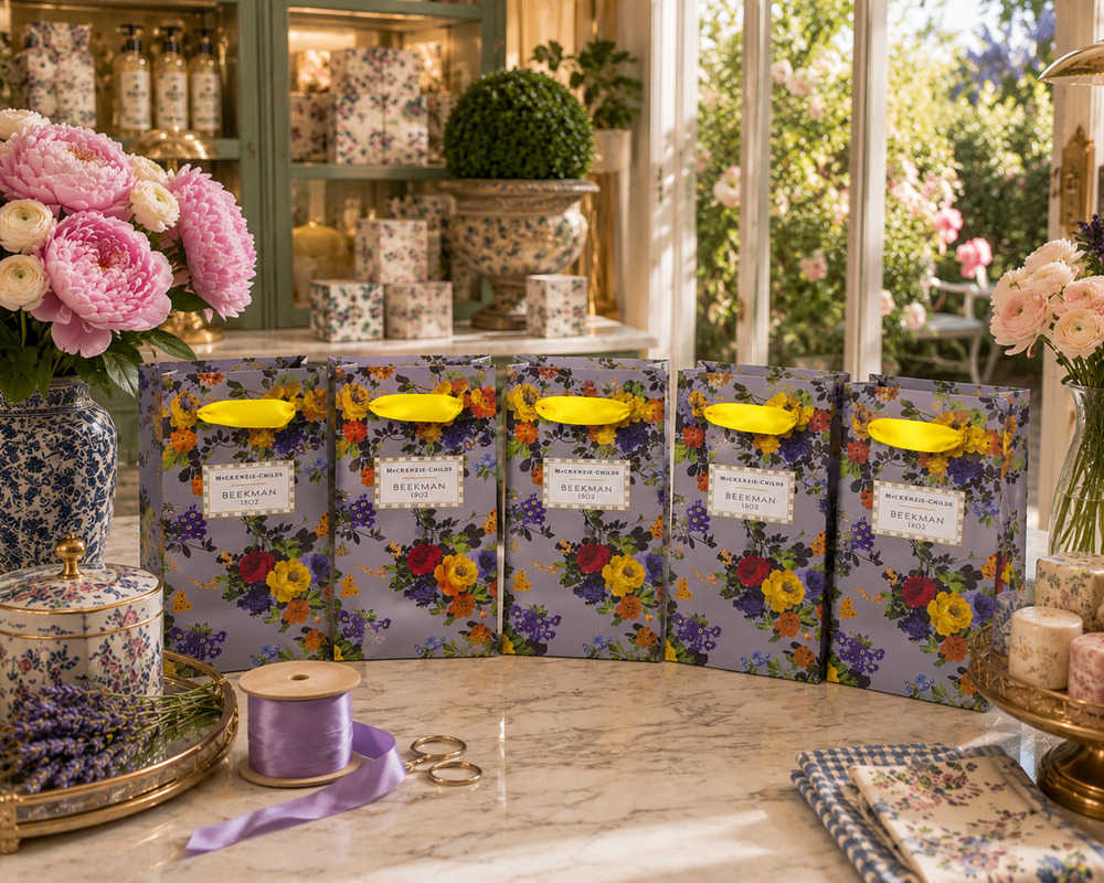 Lot 5 x Beekman 1802 MacKenzie-Childs Covent Garden Gift Bags Floral Ribbon NEW